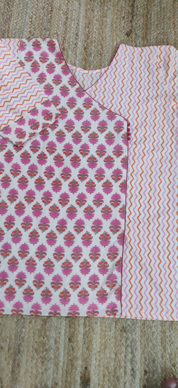 White Printed Cotton Short Kurta